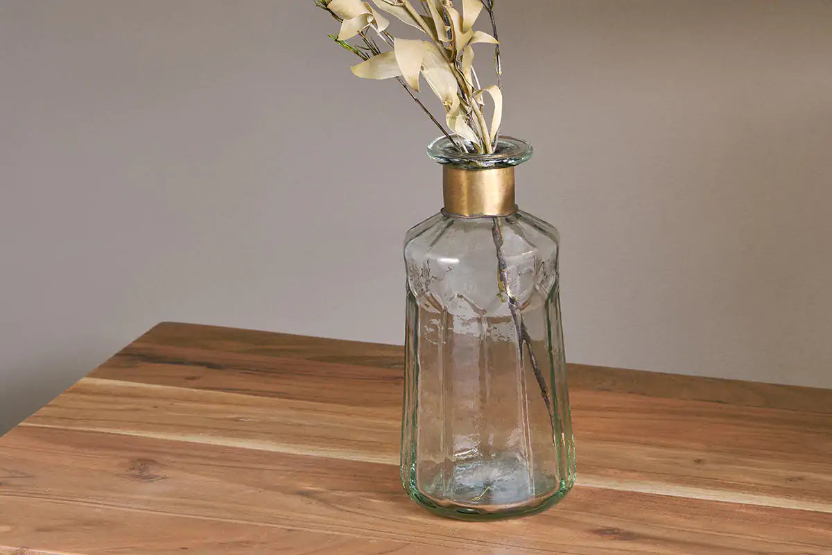 Hammered Bottle Vase - Clear Glass & Antique Brass